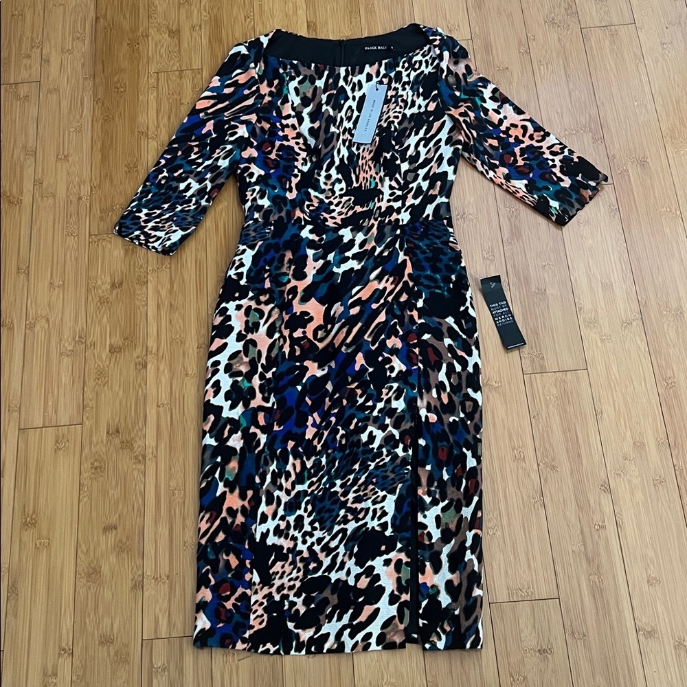 NWT Black Halo Marissa Leopard Print Boat Neck Crepe Sheath Dress Women's Size 4 - Picture 4 of 7